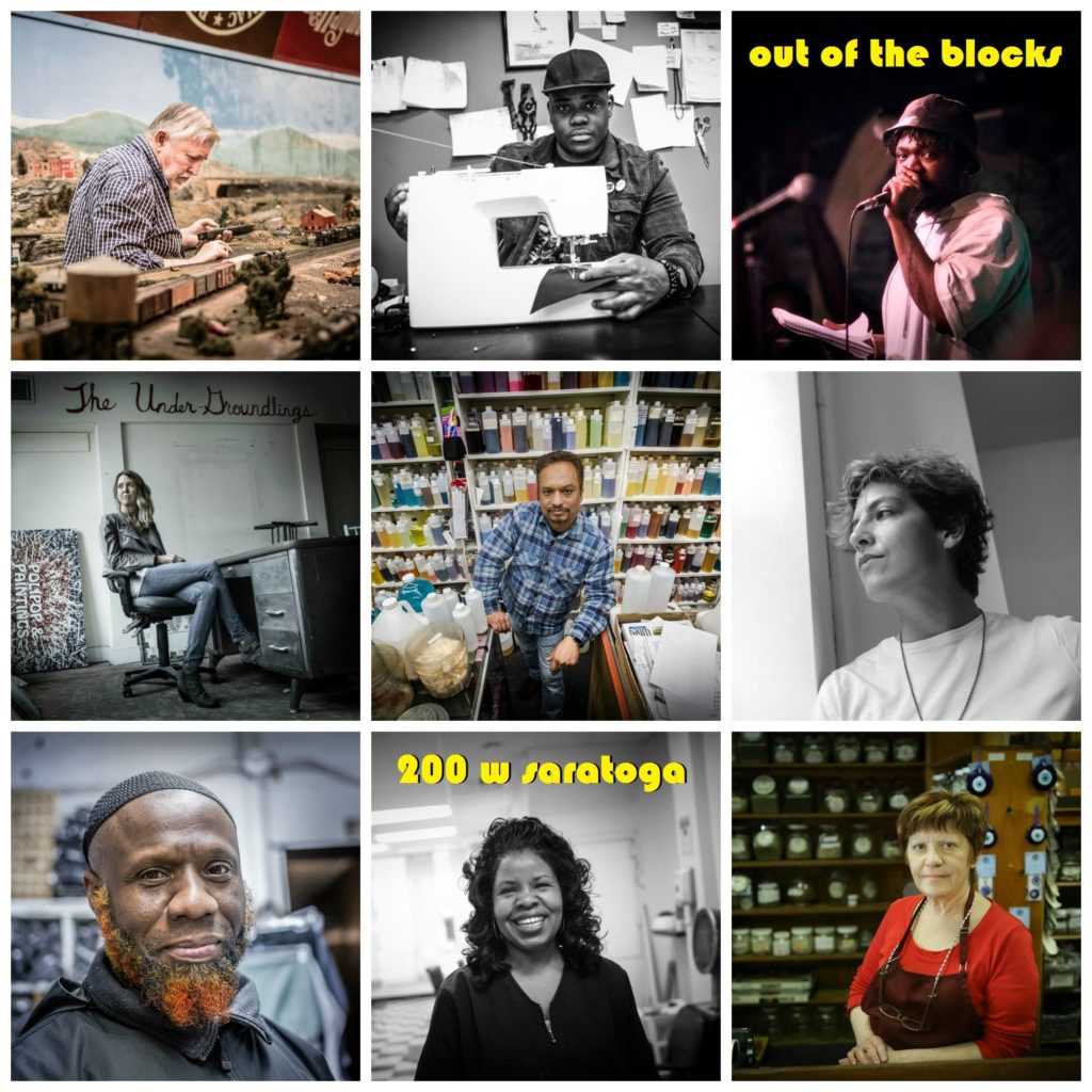 A collage of nine photos of people who live in the 200 block of Saratoga. The words, 200 W Saratoga are in yellow type.